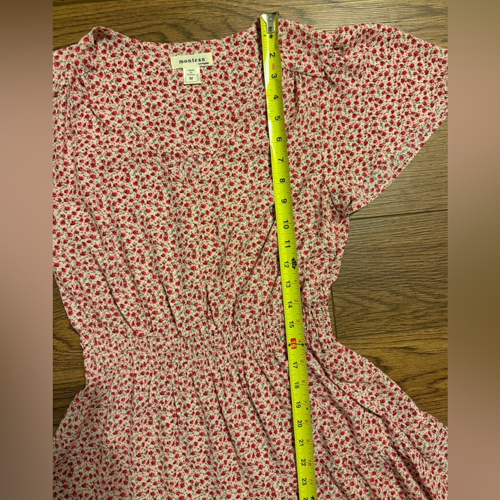 Pink floral tiered midi dress with V-neck and flutter sleeves - Picture 6 of 7